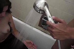 Brunette lesbians in costumes get so raunchy fingering pussies, they grab toys before shower muff diving!