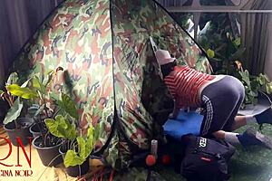 Curvy nudist milf bent over in nature camp gets pussy fucked by stranger outdoors