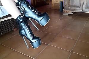 Latina Milf Struts in Ankle Boots and Blue High Heels with Nylon Stockings