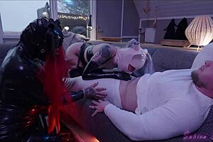 Curvy Goth Big Tits in Latex Halloween Interracial Spitting Orgy