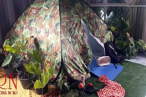 Curvy nudist milf bent over in nature camp gets pussy fucked by stranger outdoors