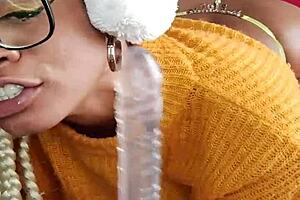 brazilian slut swallows huge dildo deep in her hairy pussy