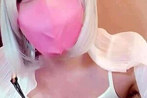 masked asian ladyboy crossdresses masturbates on cam solo
