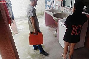 Married housewife pays washing machine tech with big ass while cuckold away