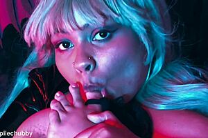 Morrigan stuffs latex pantyhose into her wet pussy for intense foot fetish