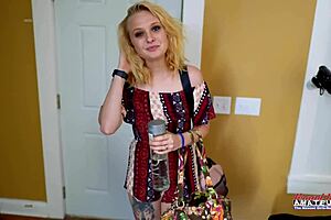 petite blonde bonnie wolf's shaved pussy banged deep with dildo toys then swallows hot cum facial