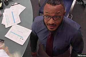 kneel down suck this big titted shemale boss uncut cock now