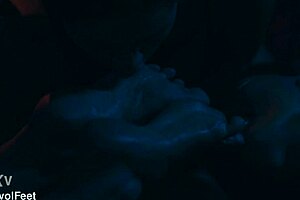 brunette slave licks toes hungrily like sweet dessert in femdom