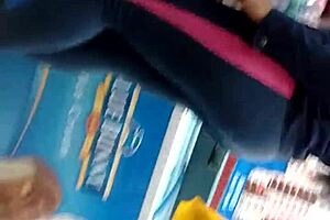 Candid retro leggings ass captured in hidden blue film