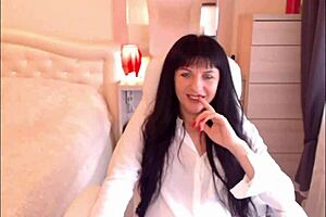 small titted brunette helga muah aka jessy strips out of lingerie stockings and teases her perky tits