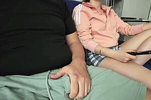 jerking off hard next to big titted young babe