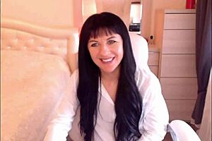 small titted brunette helga muah aka jessy strips out of lingerie stockings and teases her perky tits