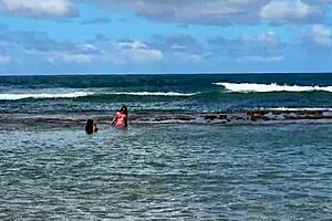 Two Stunning Brazilian Brunettes Kiss and Caress on Pristine Coral Beach Paradise