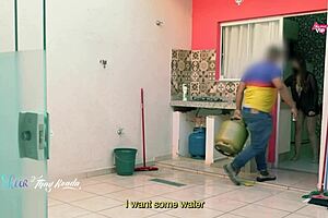 Steamy Latina milf flashes big natural tits post-shower for delivery guy