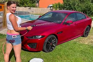 check out this sexy wet car wash with curvy blonde fuck doll