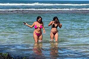 Two Stunning Brazilian Brunettes Kiss and Caress on Pristine Coral Beach Paradise