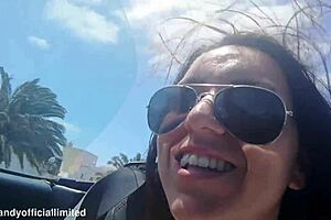 sports car flashing unleashes brunette babe's tits and pussy outdoors