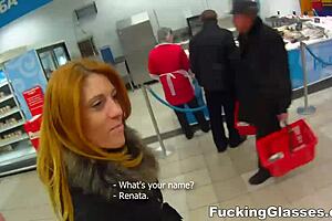 i'm pounding this clueless redhead renata's shaved pussy doggystyle with glasses on