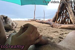MISS CREAMY handjobs cock stormy beach public orgasm