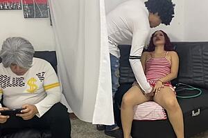 daddy watches teen bent over for deep doggystyle pounding by monster cock