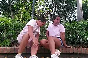 Horny Colombian Lesbians Thrill Masturbating Pussies Daringly In Public Park