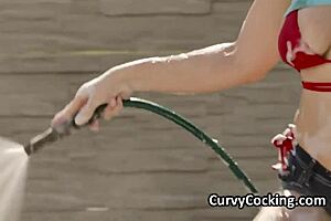 Girlfriend's big tits get titty fucked hard in car by monster cock