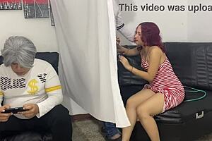 daddy watches teen bent over for deep doggystyle pounding by monster cock