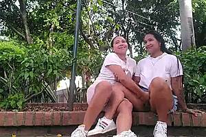 Horny Colombian Lesbians Thrill Masturbating Pussies Daringly In Public Park