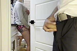 girlfriend drains plumber's huge cock cumshot in public toilet