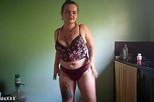 Chubby Girlfriend Strips Teases Licks Balls Swallows Cum