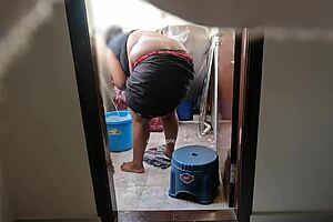 Flashing cock while jerking before maid Poonam