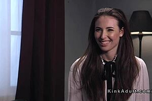 Hey slave, watch this tied brunette get flogged then anal pounded hard!