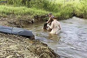Two sexy babes suck bbc by river then creampie both outdoors 😍🌞💦