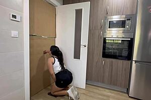 Cleaning kitchen uncovers glory hole cock surprise