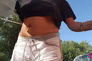 overwhelmed with lust flashing huge pierced nipples pierced pussy outdoors