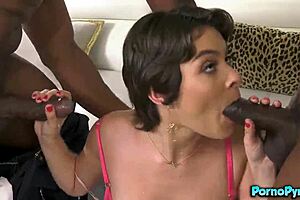 Short haired Nicole Aria takes two big black cocks doggystyle