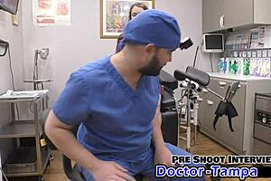 Dr. Tampa checks petite blonde Mira Monroe's shaved pussy in first gyno exam backstage