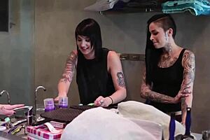 girls, tattoo lesbians licking pussies in wild bisexual orgy orgy, join us?