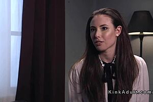 Hey slave, watch this tied brunette get flogged then anal pounded hard!