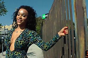 check out this gorgeous ebony tranny stroking her pierced cock solo