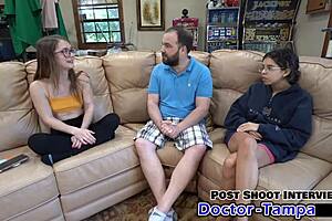 Dr. Tampa checks petite blonde Mira Monroe's shaved pussy in first gyno exam backstage