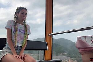 skinny pigtail girl jerks and gulps cum on ferris wheel publicly