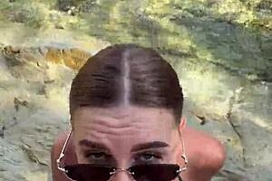 beach stranger deepthroats huge cock with sloppy cum on face and tits