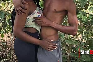 horny ebony couple fucks doggystyle bent over in tropical rainforest