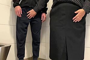 juicy bbw milf strokes cock hard in public toilet stall