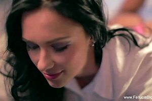 Brunette beauty delivers bedtime blowjob handjob sucking cumshot swallow session