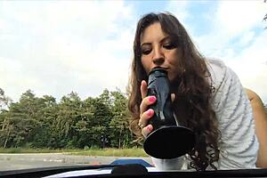 horny polish teen slut rides dildo cowgirl on car hood to wet orgasm
