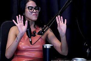 Curvy latina bia hot teases in sheer red lingerie during podcast foreplay compilation