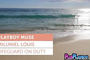 stunning milf lifeguard miluniel louis poses alluringly on beach in lingerie with perfect small tits