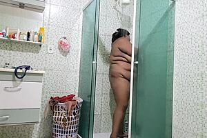 Brazilian BBW housewife soaps up her huge natural tits in steamy bath